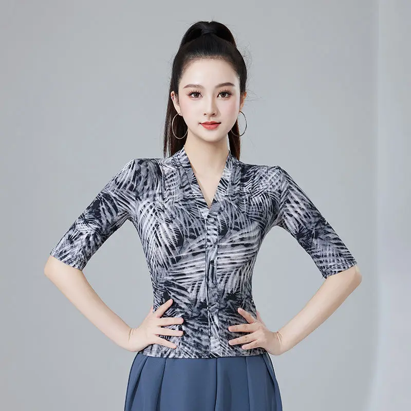 Danza latina Top monopezzo Donna Adulto Danza moderna Scollo a V Stampa leopardata Pratica Performance Costume Ballo da sala