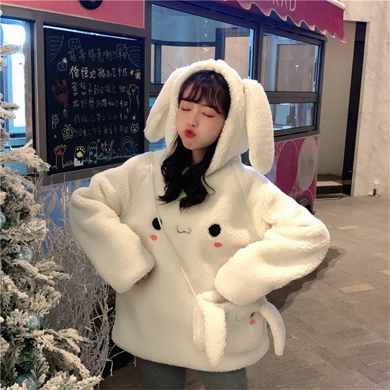 New Loose Korean Style Autumn And Winter Rabbit Ear Pullover Sweatshirt Imitation Lamb Wool Fleece Thickened Hoodies Cute Women