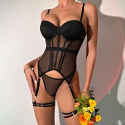 Porn Underwear Women Sexy Erotic Lingerie See Through Seamless Bra Corset Sheer Lace Bodysuit with Panties and Garter Set