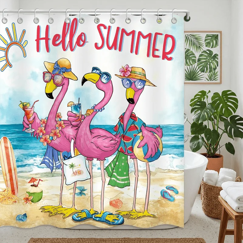 

Vibrant Summer Beach Shower Curtain Tropical Decor Funny Pelican Flamingo Pattern Bathroom Linens Holiday Coastal Novelty curtai