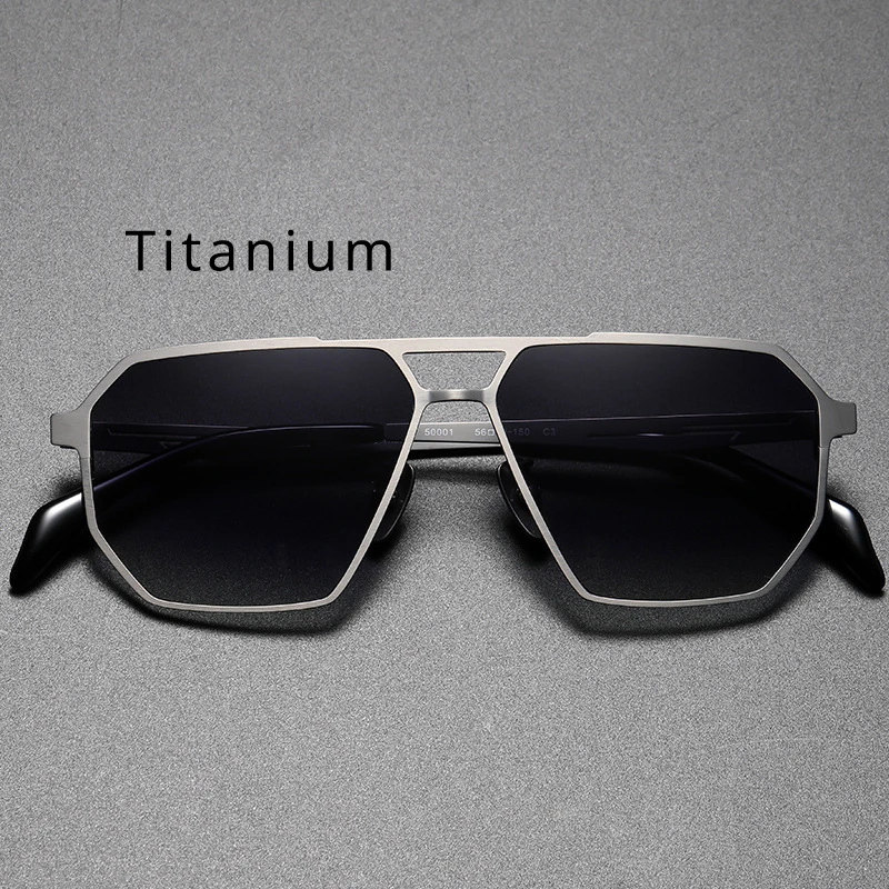 Pure Titanium Polarized Sunglasses Irregular Polygonal Double Bridge Titanium Frame Fashionable Trendy UV Resistant Sunglasses