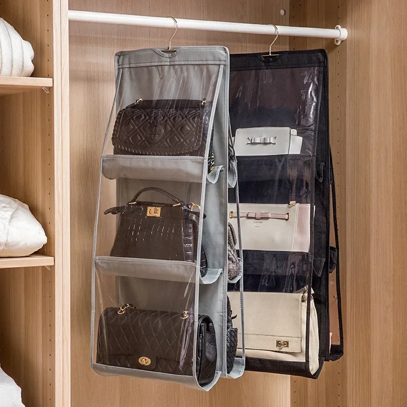 

6 Pocket Hanging Handbag Organizer For Wardrobe Closet Gray Waterproof Storage Bag Door Wall Clear Sundry Bag With Hanger Pouch