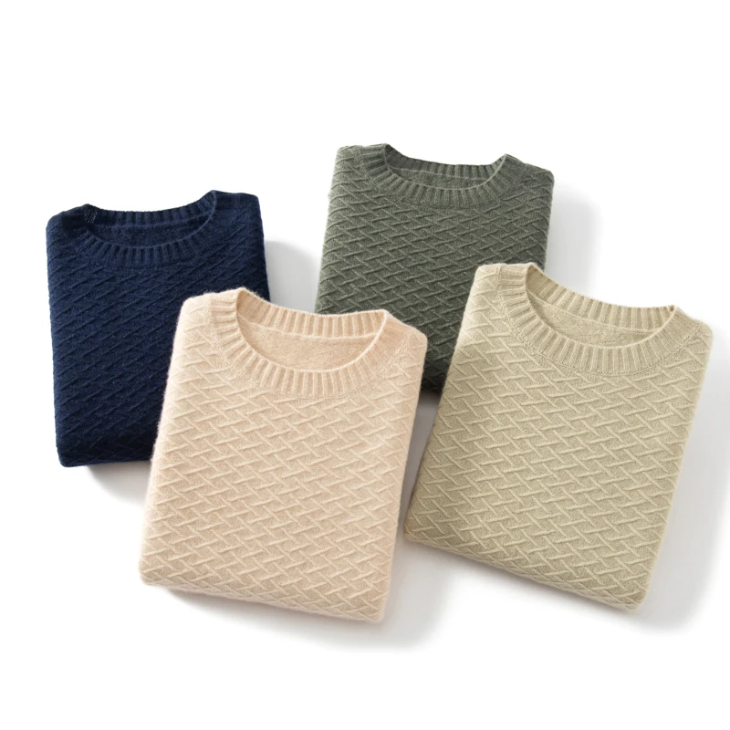 2025 New Thick O-Neck Men's 100% Cashmere Ribbed Pullover Casual Fashion Sweater Autumn Winter Versatile Classic Soft Knit Tops