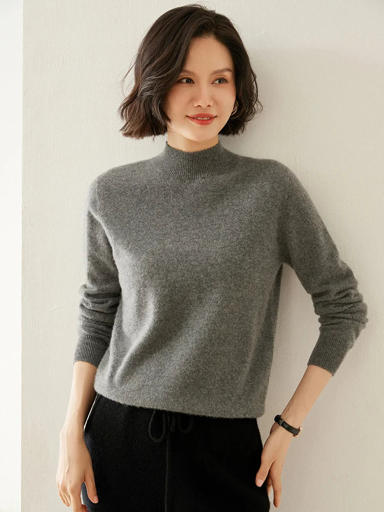 New Knit Womem's Cashmere Sweater Mock Neck Warm Pullover 100% Cashmere Knitwear For Winter Female Casual Basic Clothing Tops