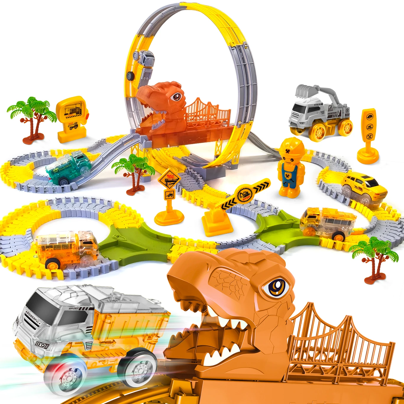 لعبة هندسية تحت عنوان الديناصورات مع مسارات قطار مرنة متوهجة في الظلام وسيارات LED للبنين والبنات حفلة عيد ميلاد مثالية