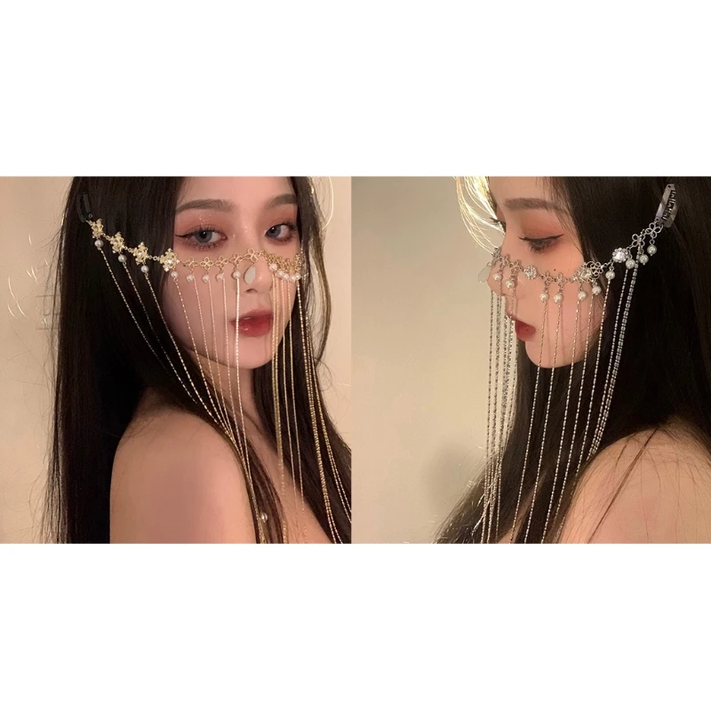 

Face Cover Hair Clip Mesh Multi-Layers Tassel Veil Chain with Pearl Masquerade Mask Fancy Cover Face Decoration