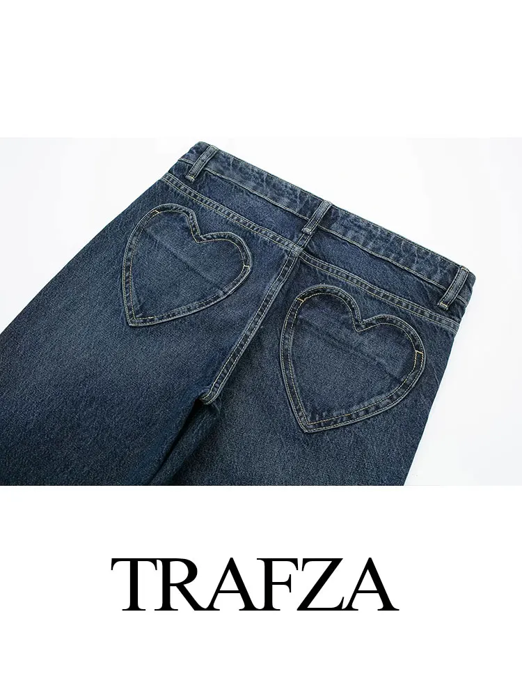 TRAFZA 2024 Autumn Fashion Dark Blue Jeans For Women Denim Solid With Pockets High Waist Street Straight Pants Retro Trousers