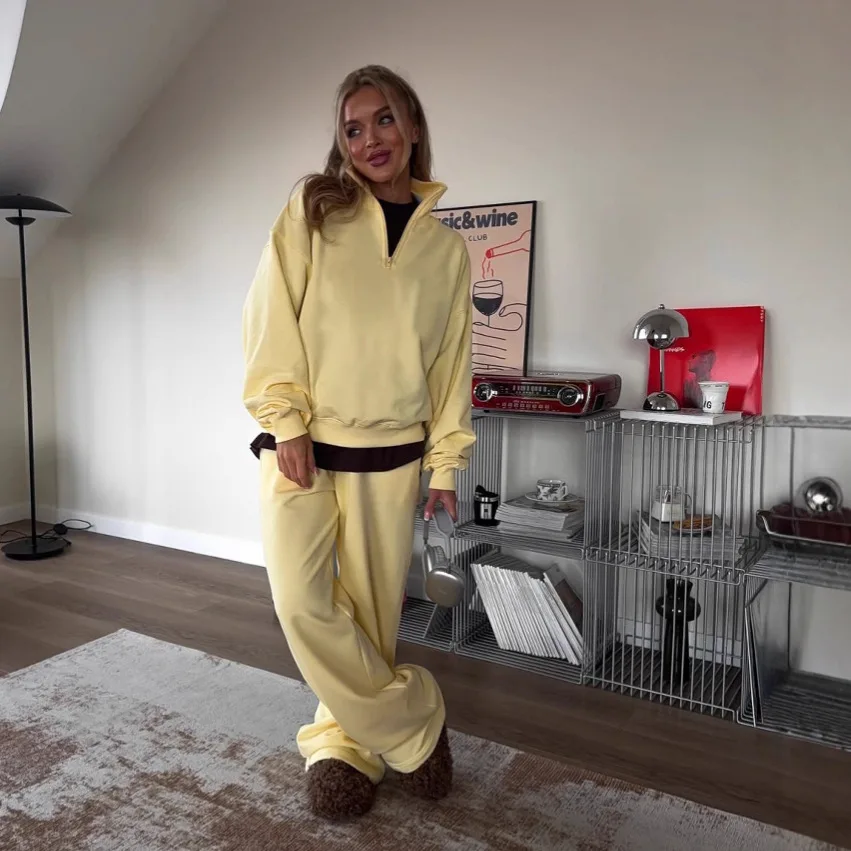 

Fashion Semi-open Neck Long Sleeve Sweater Long Pants Casual Suit Pullover Lace Up Sweatpants Two-piece Cotton Set