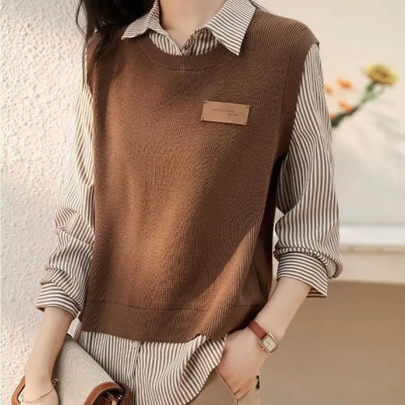 2024 New Streetwear Fake Two Pieces Striped Spliced Shirt Spring Autumn Polo-Neck Female Clothing Fashion Button Casual Blouse