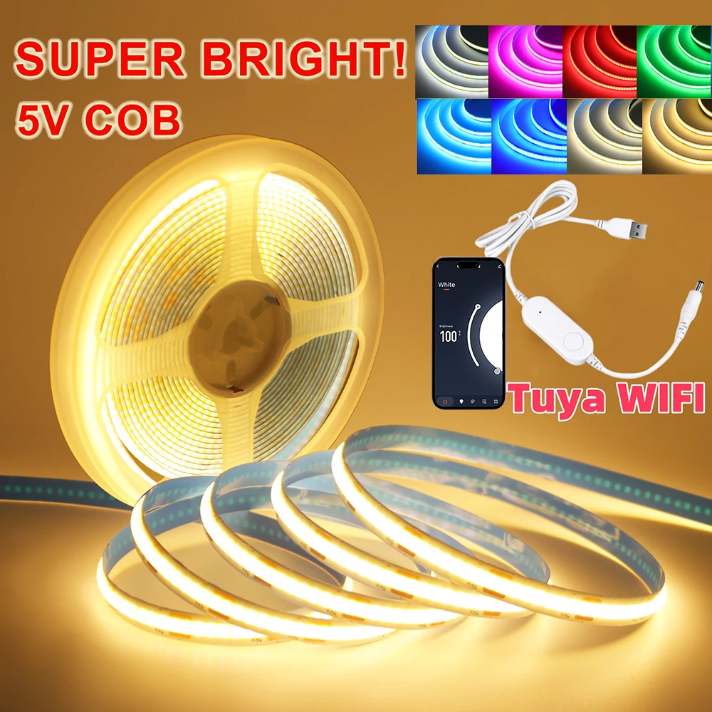 

Tuya Wifi 5V USB COB LED Strip Light Dimmable 9 Colors Flexible Lights Tape 320Leds/m Home Decoration for Alexa Google 5m 0.5m