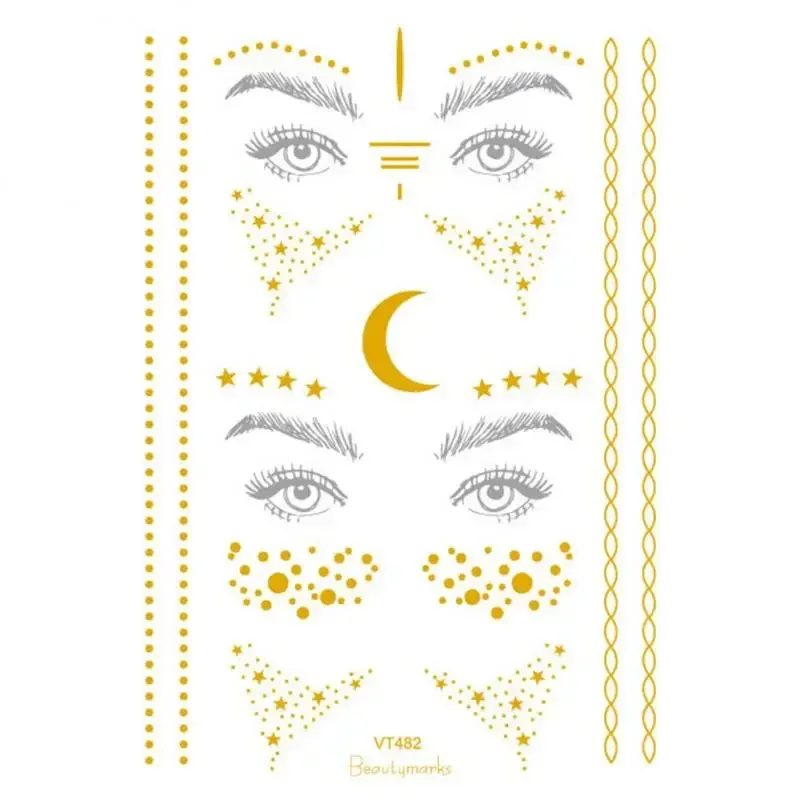 Adesivo abbronzante oro glitterato per trucco viso dimensioni miste stella luna forma oro argento istantaneo Lentiggini tatuaggio temporaneo RA015