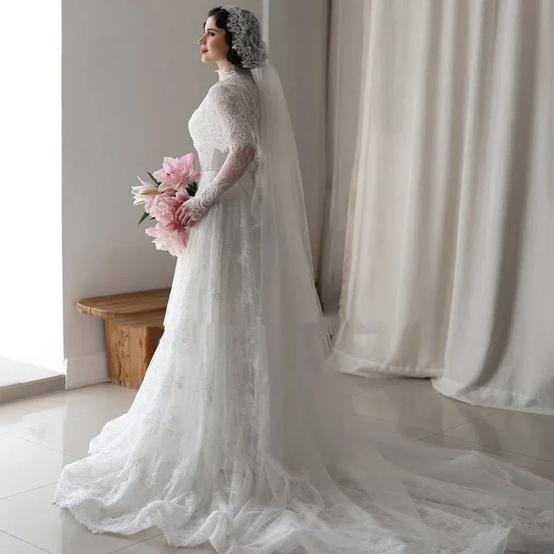 Customized Exquisite Lace Appliques Elegant A Line Princess Wedding Dresses Long Sleeve Cape High-neck Wedding Bridal Dresses