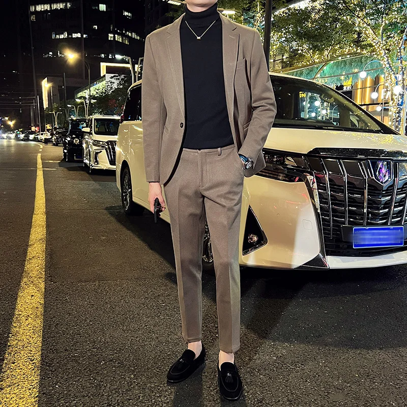 

2023 Men's Woolen Suit 2 Pcs Set - Slim Fit One-Button British Korean Style 2Pcs Suit Set Blazer and Pants, Khaki, Autumn/Winter