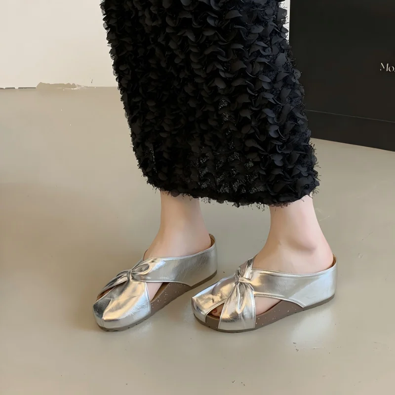 Metallic Wedge Sandals Women Cutout Bow Slippers Platform Thick Sole Closed Toe Mules Summer Outdoor Casual Beach Slides Shoes - view 5