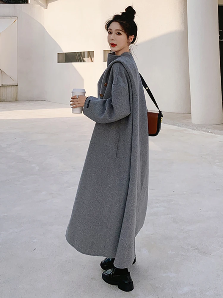 LANMREM Wool Coats For Women Scarf Collar Long Length Irregular Buttons Coat Gray Color Female High End Luxury Clothing 2R7870