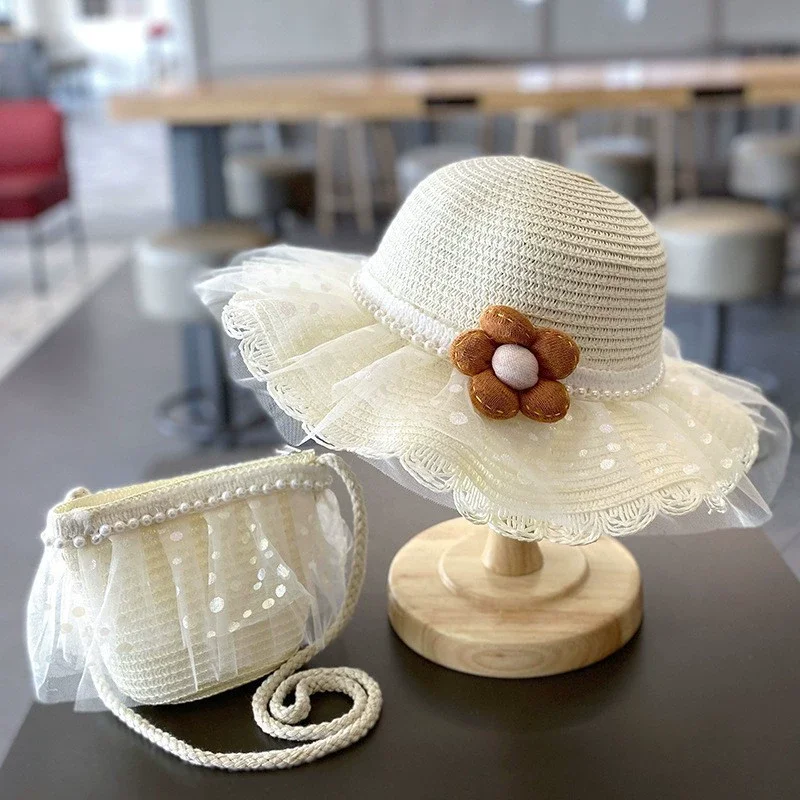 Children's Straw Hat Set bow breathable sun hat baby comfortable beach Summer straw hat suit  gorra