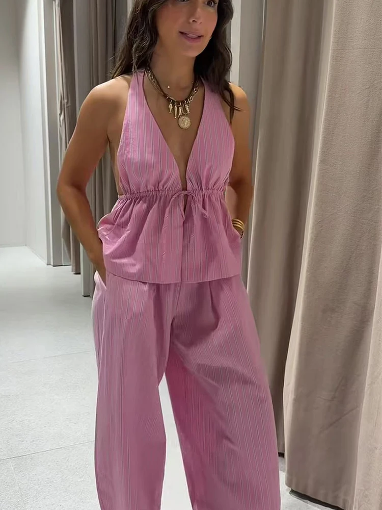 Sommerliches, sexy Damen-Haltertop mit Hose, 2-teiliges Set, modisches, lässiges, gestreiftes, weit geschnittenes Hosen- und rückenfreies Top-Set, schickes Damen-Outfit