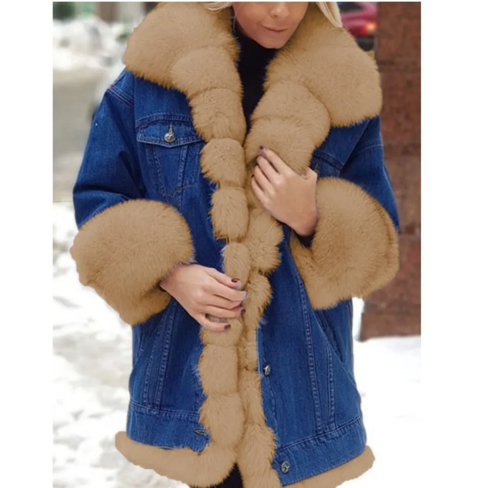 

Faux Fur Women Denim Jackets Thick Cardigan Single Breasted Pockets Outerwear High Street Spliced Loose Jacket Autumn Winter