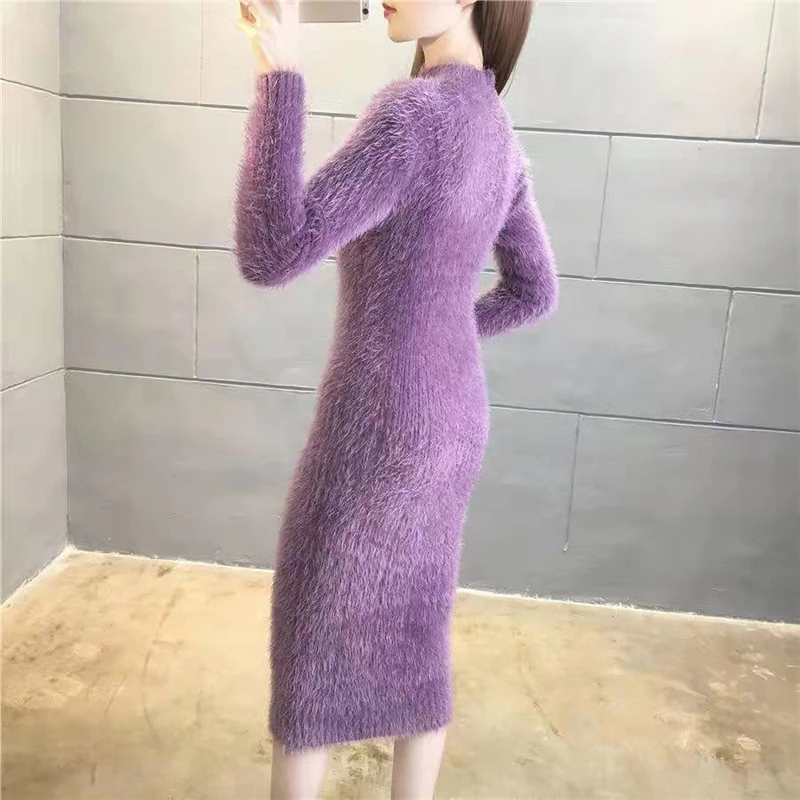 Women\'s Winter Clothing 2024 Imitation Mink Wool Thick Warm Turtleneck Sweater Dress Sheath Bodycon Dresses For Women Casual