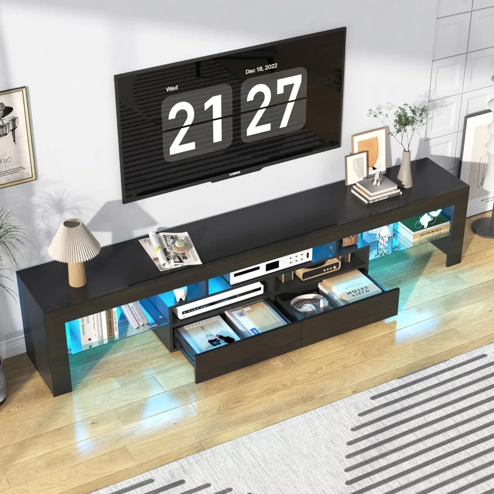 Meuble TV moderne pour téléviseurs de 85 à 95 pouces – Centre de divertissement noir brillant pour le salon