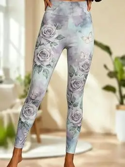 Women Mid‑Rise Fleece Lined Leggings Red Rose Butterfly Floral Print Slim Stretch Thermal Pants