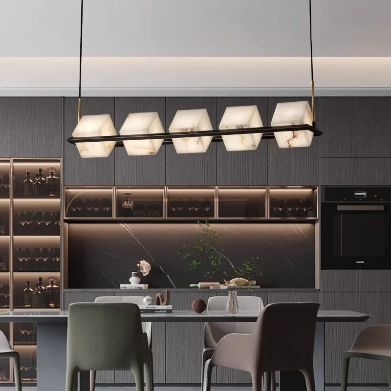 Nordic Contemporary Dining Room Study Long Strip Marble Pendant Light Hotel Banquet Hall Decorative Copper Pendant Lamp
