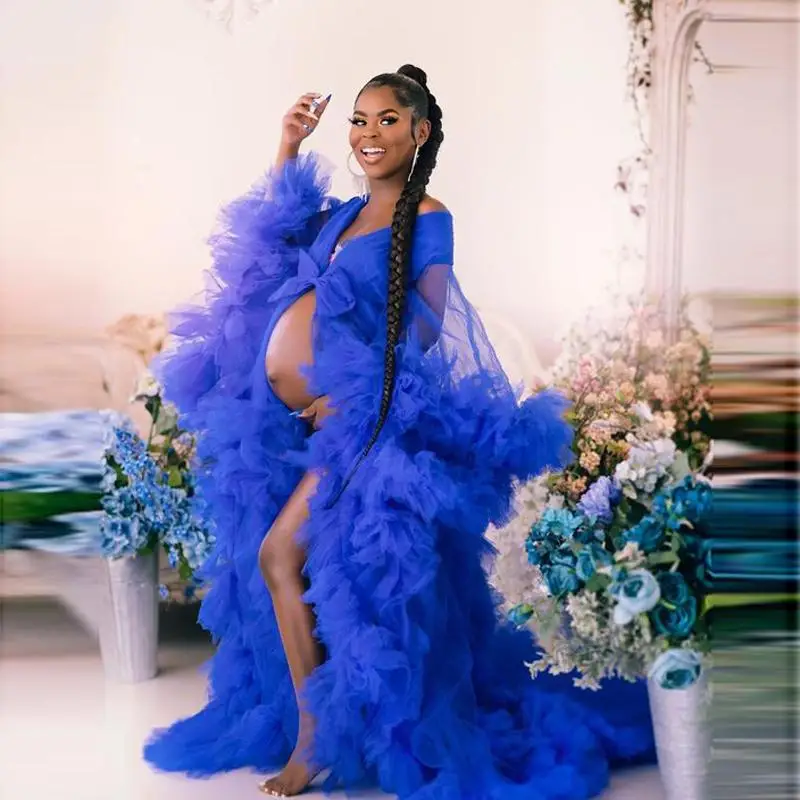 Royal Blue Maternity Dress Pregnacy Evening Prom Gown For Photoshoot Ruffled Puffy Tulle Party Nightgowns Custom Made