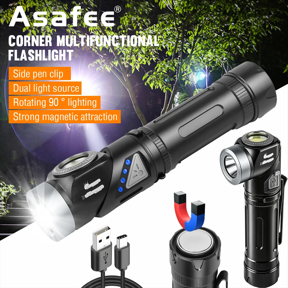 Asafee 3660A/3660B Powerful Rotatable Corner Multifunction Flashlight Magnetic Waterproof Power Display Head-mounted COB Light