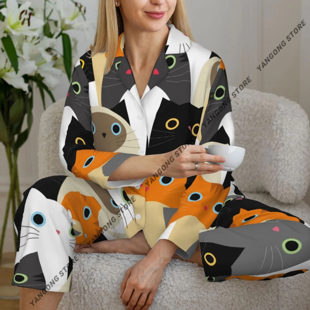 

Женские пижамы с милым принтом кошек, одежда для дома, одежда для сна из двух предметов, длинный пижамный комплект на пуговицах с длинными рукавами