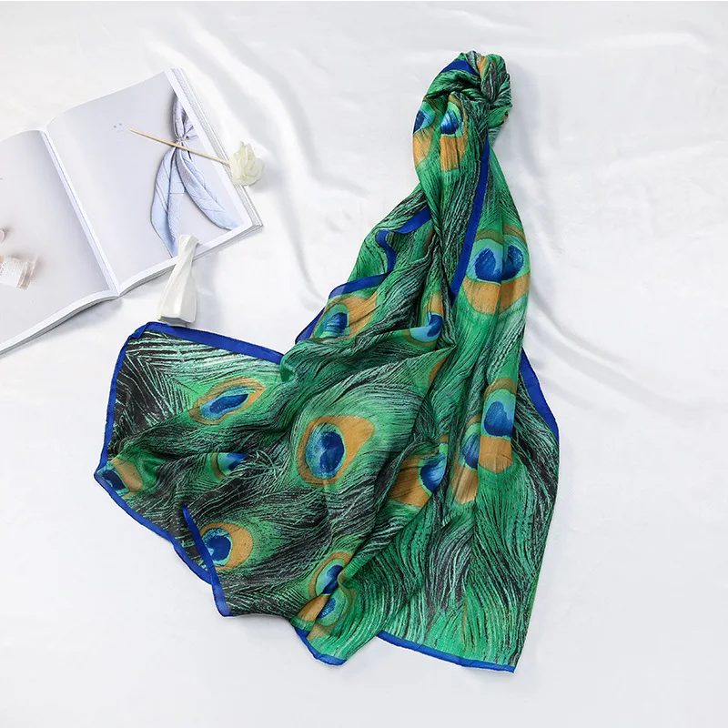 

Green Peacock Feather Hijab Summer Beach Pareo Silk Scarf Women Luxury Bandana Soft Long Foulard Femme Designer Bufandas Mujer