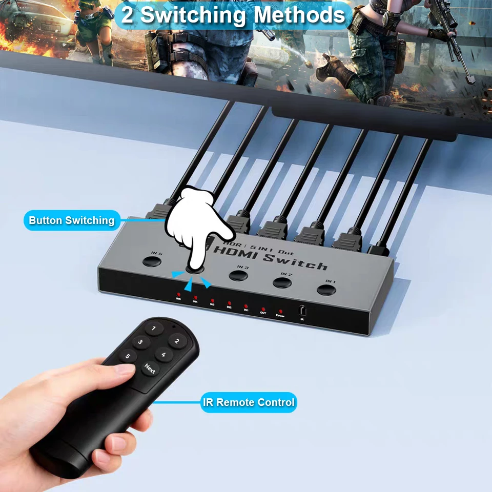 Navceker 8K HDMI 2.1 스위치 분배기 4K 240Hz 5포트 HDMI 2.1 스위처 (리모컨 포함) 5입력 1출력 PS5 Xbox Series X…