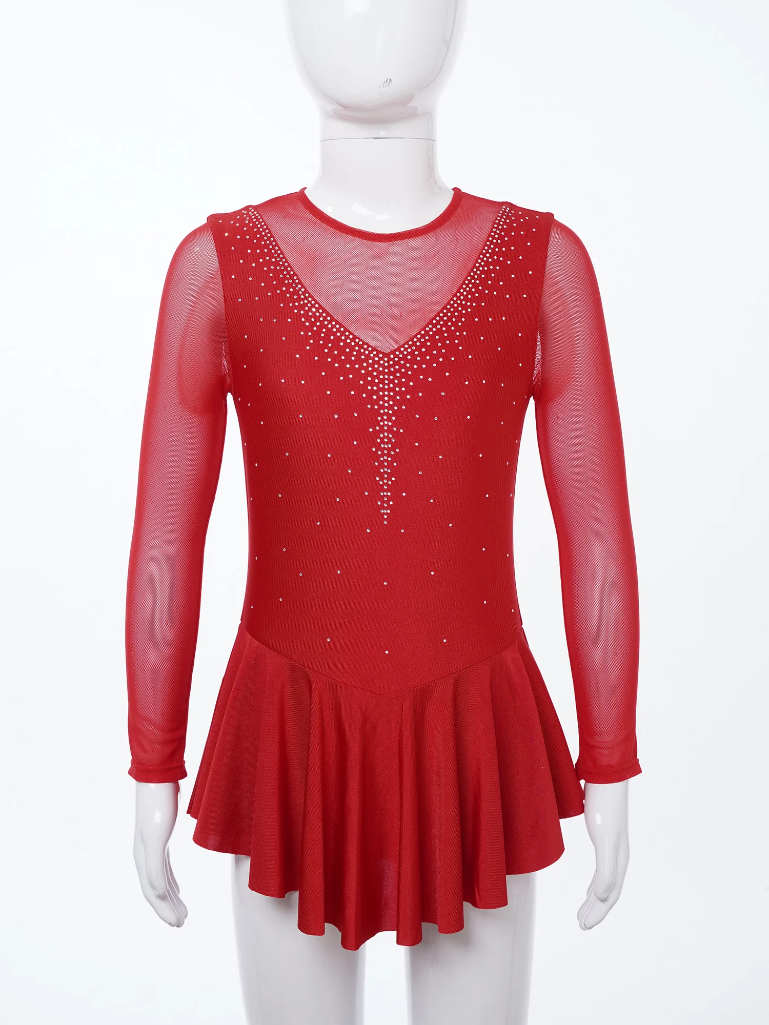 Kids Girl Figure Skating Dress Long Sleeve Key Hole Back Ballet Gymnastics Leotard Rhinestone Ballroom Dance Clothes