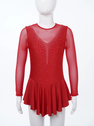 Imagen 2 del producto Vestido de patinaje artístico para niña, leotardo de gimnasia de Ballet con agujero en la espalda y manga larga, Ropa de baile de salón con diamantes de imitación