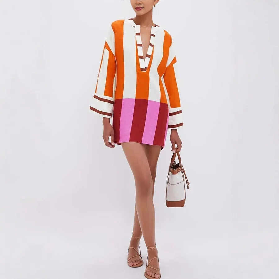 Autumn Winter Women Linen Material Mini Dresses Print Sexy V-neck Hollow Out Long Sleeves Robeson Beach Party Female Dresses - Image 3