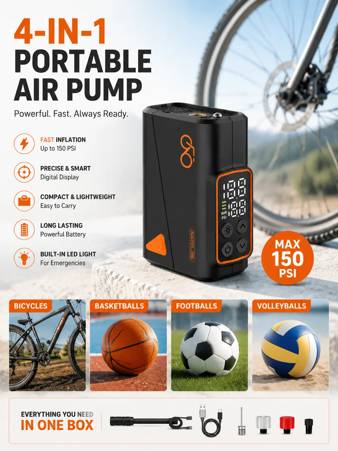 Elektrische Fahrradreifenpumpe, tragbarer Mini-Motorradreifenfüller, kompakt für Rennräder/Mountainbikes – Detail 8