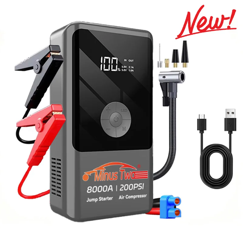 

Car Emergency Start Power Supply with Air Compressor, Battery Supercharger and Wireless Tire Inflator 12V Auto Jumper box