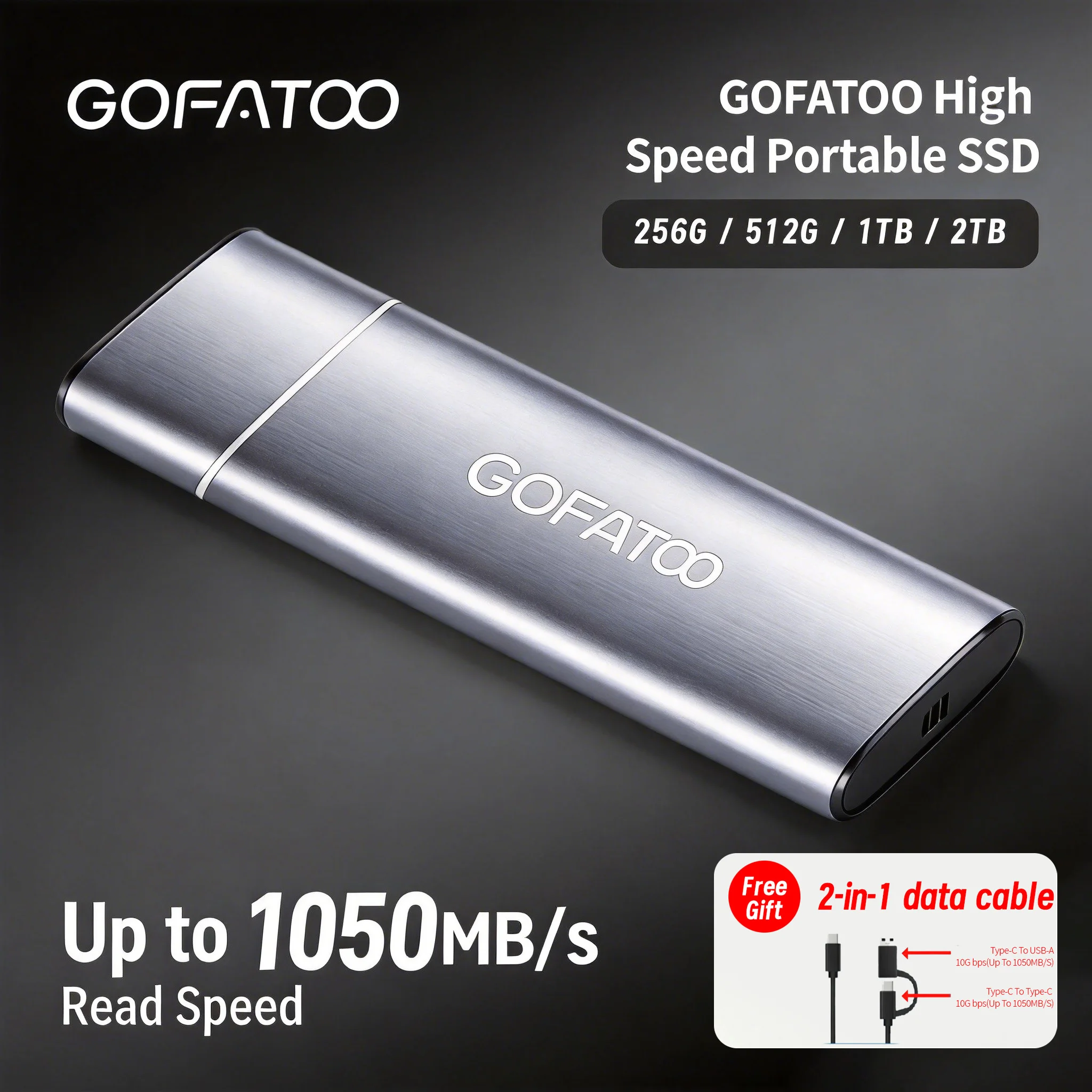GOFATOO 1050MB/s USB3.2 Gen2 Type-C OTG Portable SSD 256GB 512GB 1TB 2TB Plug&Play Storage For Android iPhone Photo Backup PS5