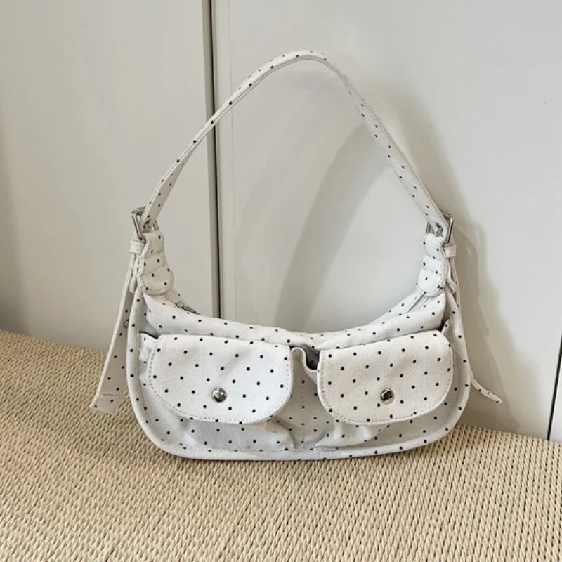 

Сумка-хобо из холщовой ткани в горошек с двумя карманами, в стиле Y2K, с регулируемым плечевым ремнем, легкая, универсальная, для повседневного использования, сумка на плечо