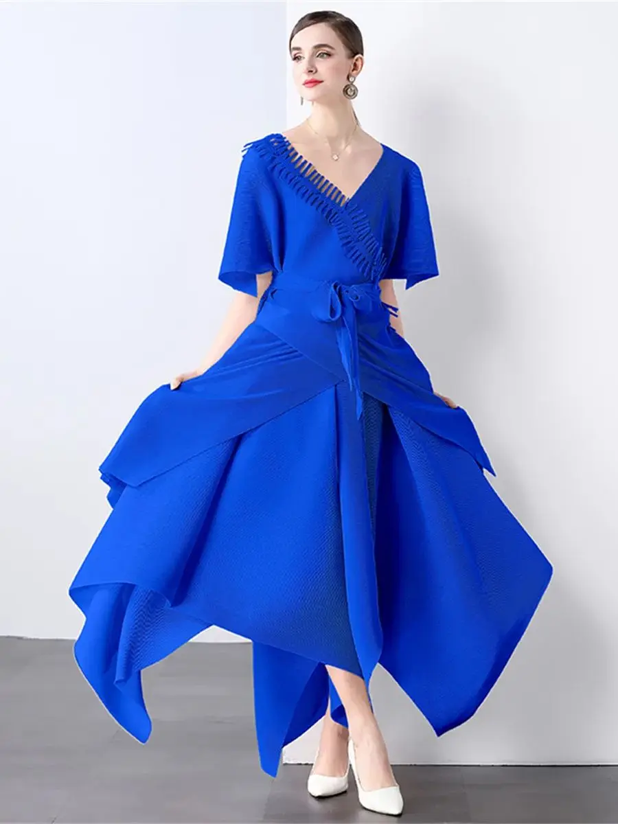 

Miyake Pleated Solid Two Piece Dress Sets For Women Chic Design Tassel Splice Loose Jacket and Irregular Long Skirt Suits Female
