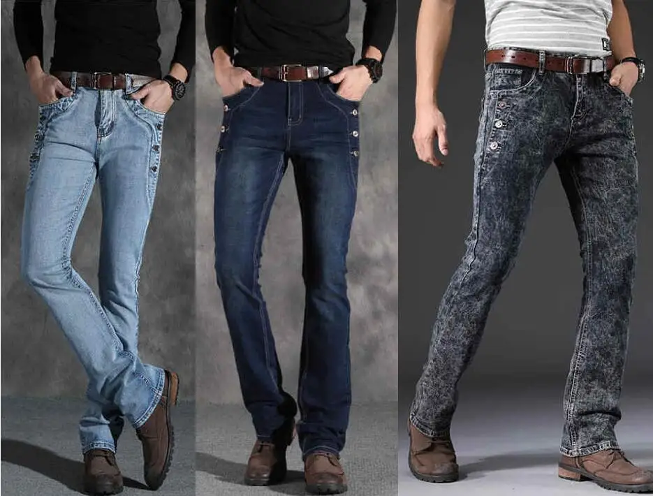 Men's Stretch Slim Fit Jeans With Button Decoration Flared Pants Bell Bottom Denim Trousers Wide Leg Jeans Size 28-38