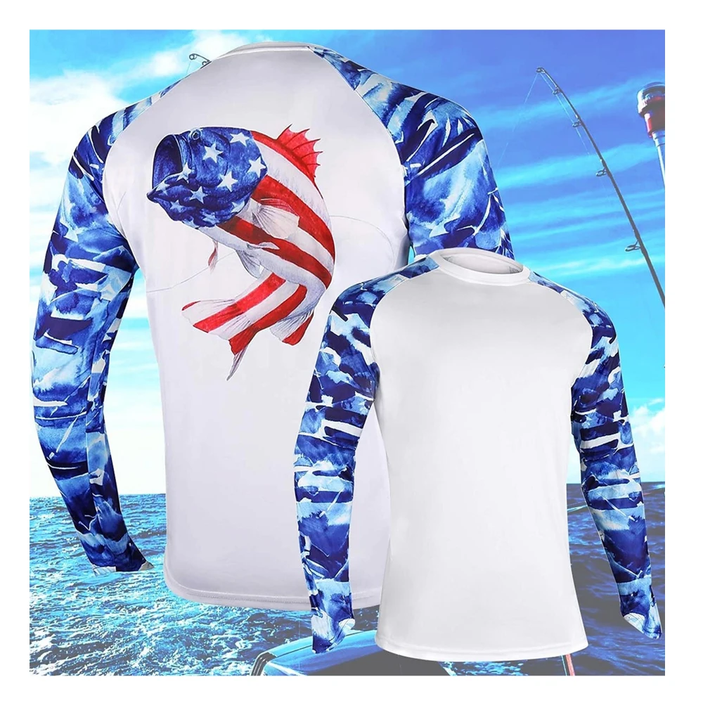 Men American Flag Fish Print Long Sleeve Fishing Shirts Raglan Blue Ocean Camo Quick Dry Surf Rash Guard Tops