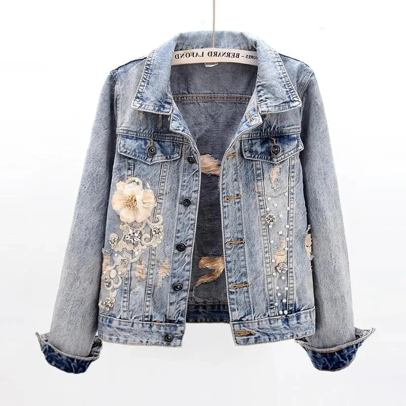 2023 Spring Autumn Women\'s Denim Jacket Long Sleeve Overcoat Loose Three-dimensional Button Pearls Outwear Ripped Jeans Jackets