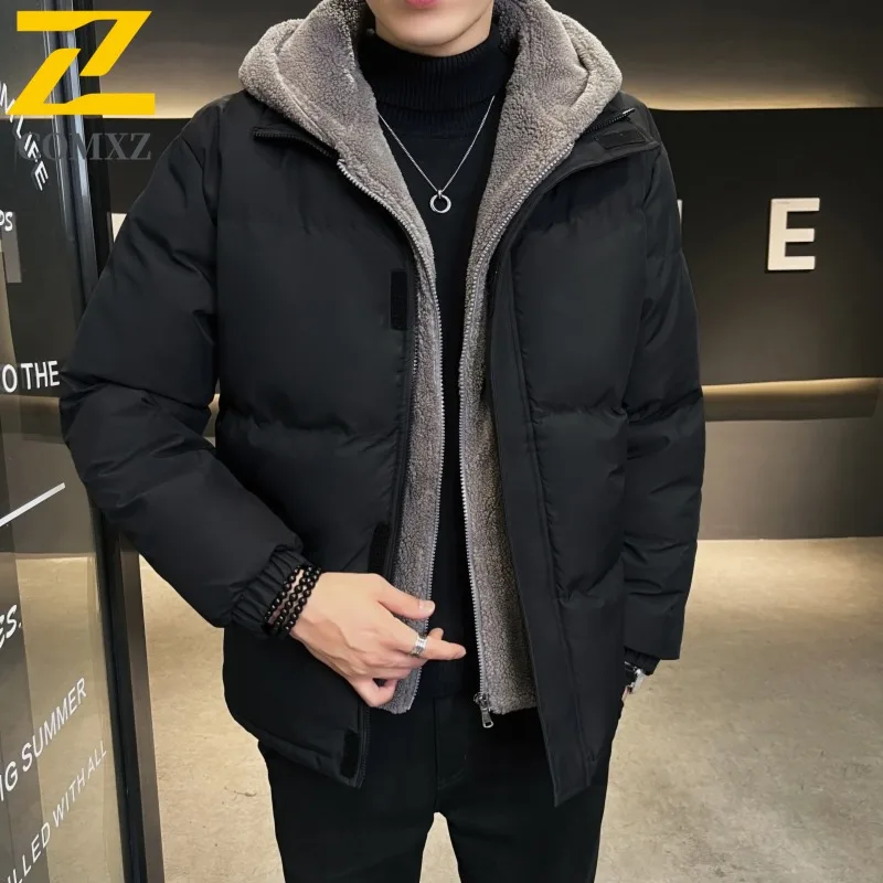 COMXZ 2025 Plus Size Mens Winter Hooded Fleece Lined Cotton Jacket Warm Windproof Casual Fashion Outwear lightweight windbreaker