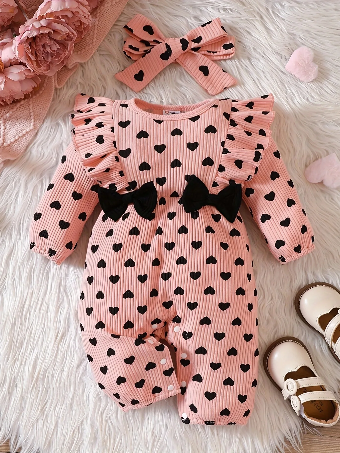 0-18 months Spring and Autumn New Newborn Infants and Girls Love Printed Bow Long sleeved Cute jumpsuit