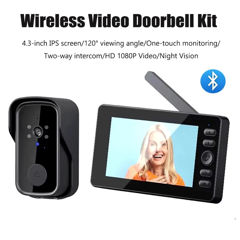 

Wireless Video Doorbell, 4.3" IPS Screen 1080P High Definition Video, Wireless Two-way Intercom, Night Vision, Waterproof