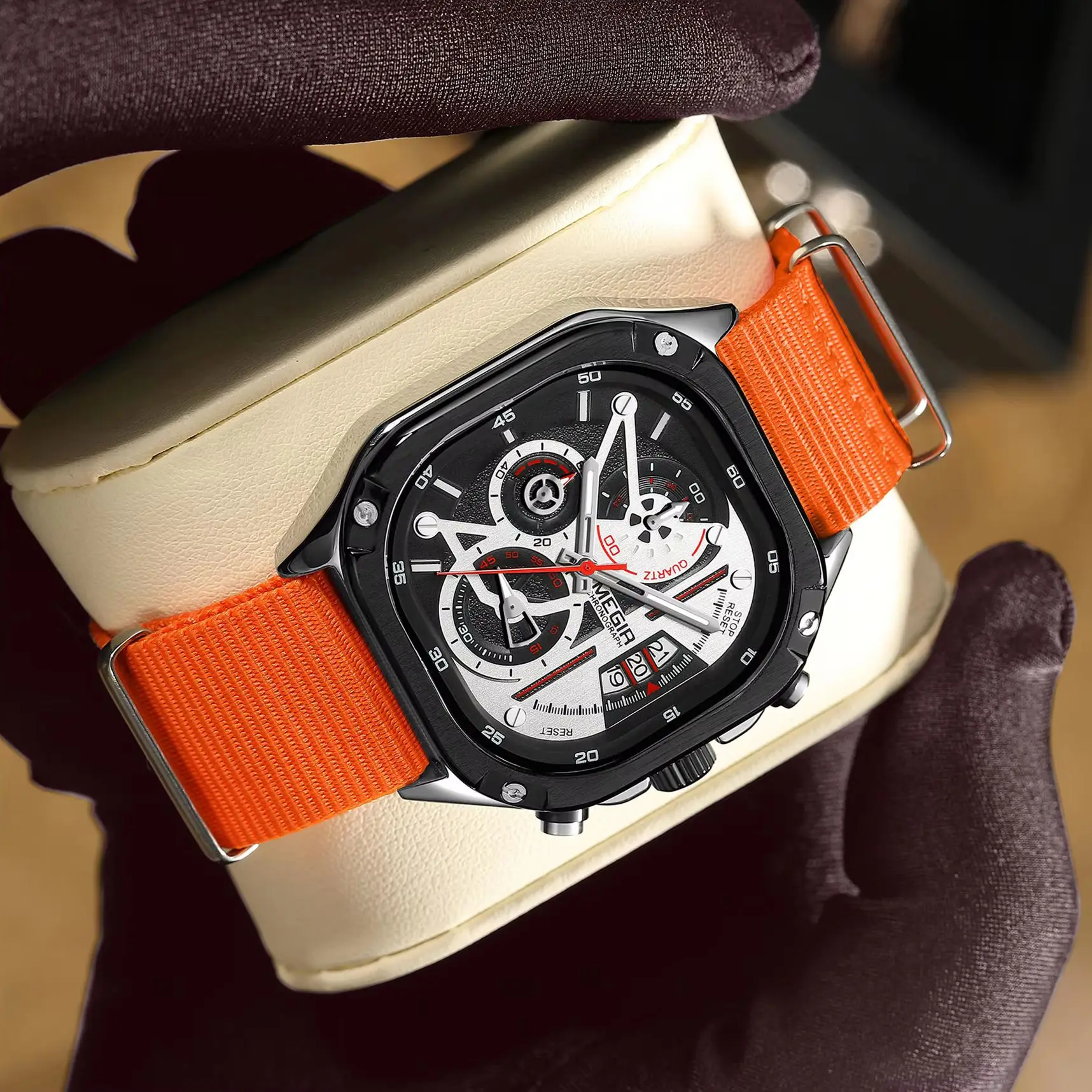 MEGIR Luxury Chronograph Square Man Watch Waterproof Luminous Date Men Watch Sports Steel Men's Watches Quartz Reloj Hombre 2026