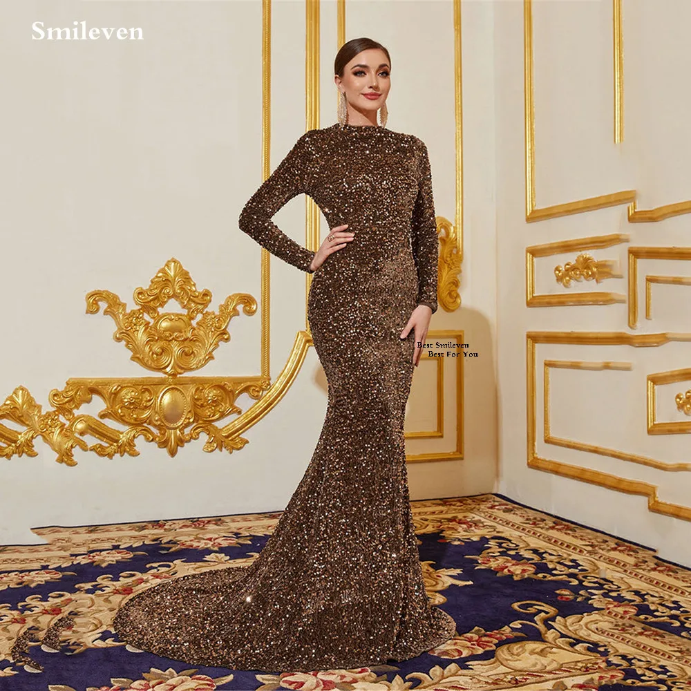 Smileven Luxury Mermaid Prom Dress Shining All Over Party Gowns Scoop Full Sleeve Formal Occassion Dress Customized 2026