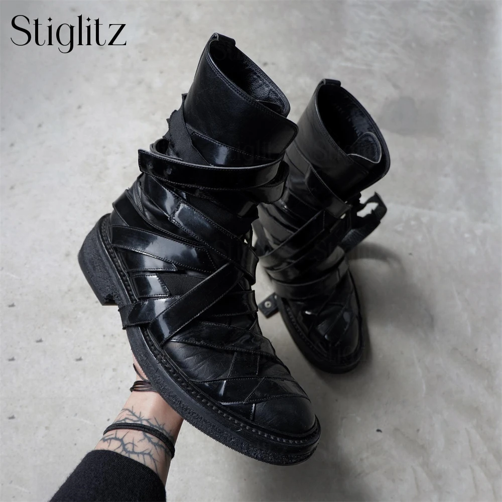 Patent Leather Strapped Boots Designer Style Luxury Handcrafted Boots Multiple Straps Concealed Buckles Genuine Leather Boots