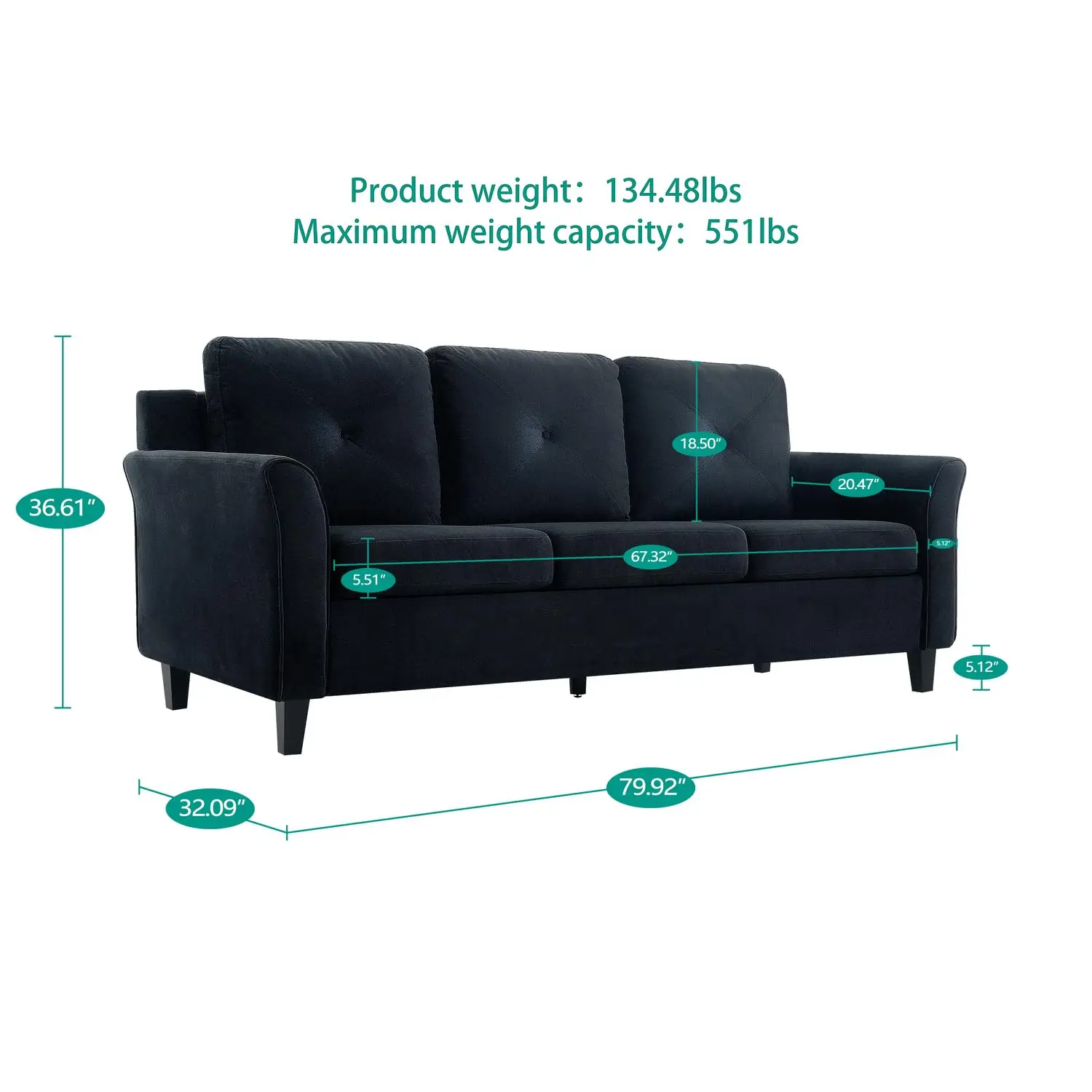 Raelynn Button Tufted Sofa - Affordable Black Modern Microfiber Couch for Small Spaces, Durable and Sturdy Sofa, Customized