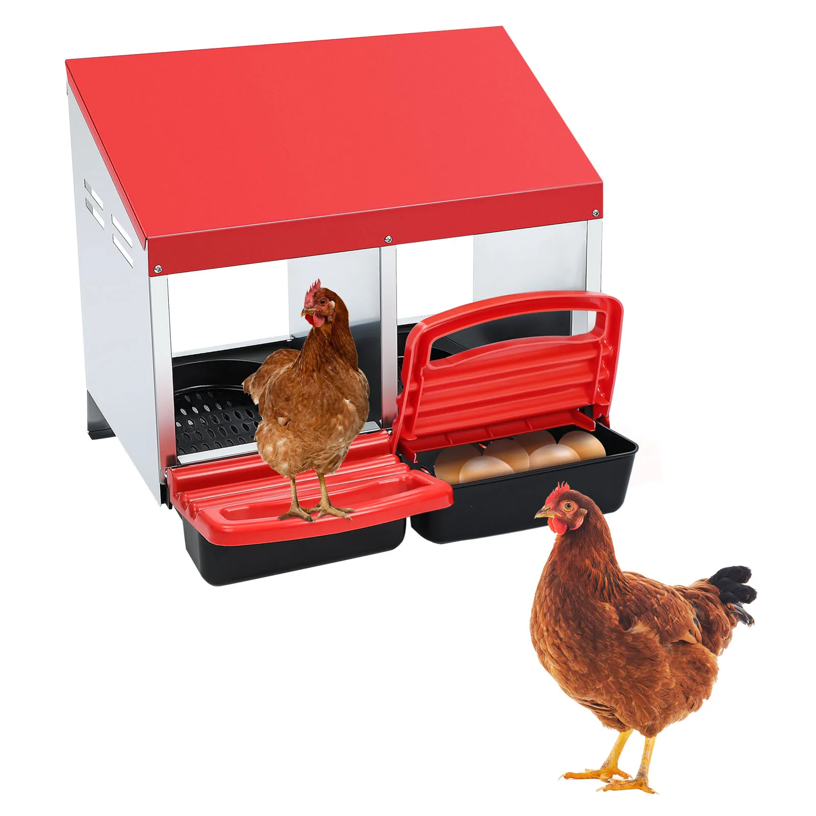 Chicken Nesting Box for Laying Eggs 2 Hole Chicken Coop Nest Box with Perch Metal Hen Roll Away Cleanable Pull Out Roosting